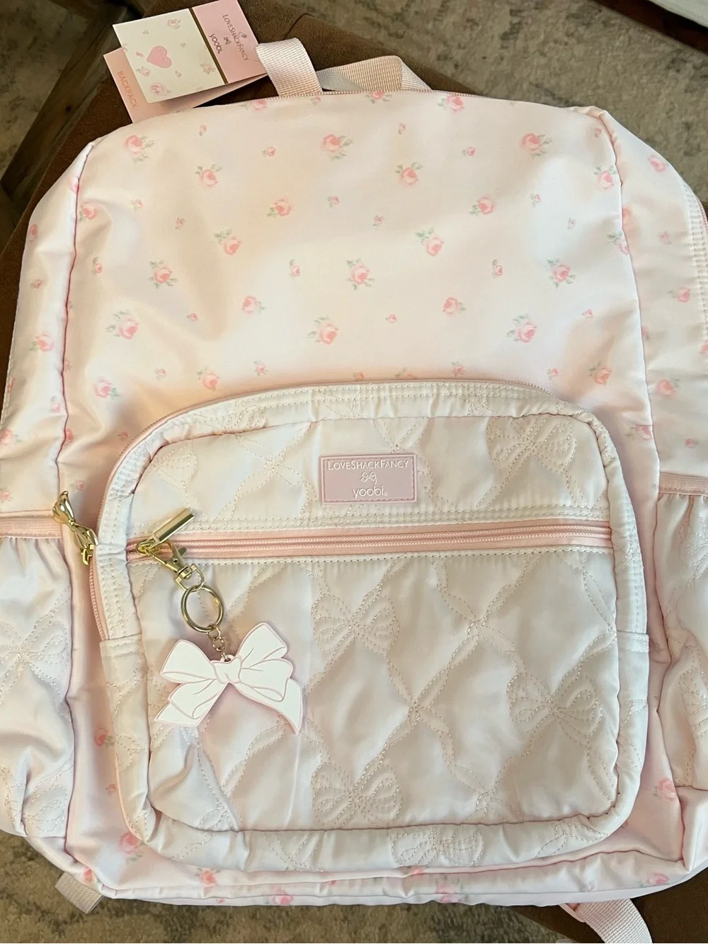 NWT LoveShackFancy x Target Pale Pink Quilted Kids Backpack with Bow Charm